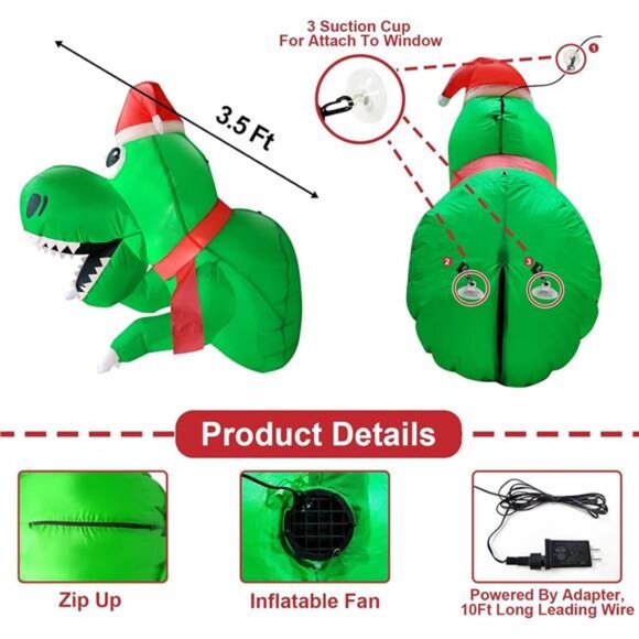 3.5 Ft Christmas Inflatable Decor Santa Dinosaur Broke Out from Window with LED - Picture 3 of 7